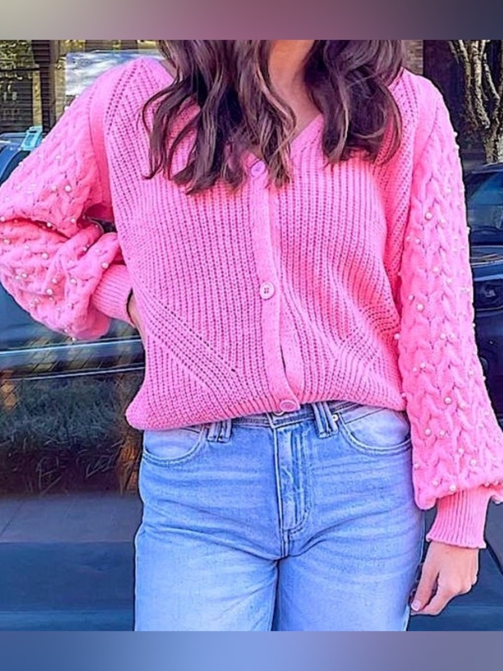 BiBi Pink V-Neck Button-Up Knit Cardigan with Pearl-Accent Balloon Sleeves